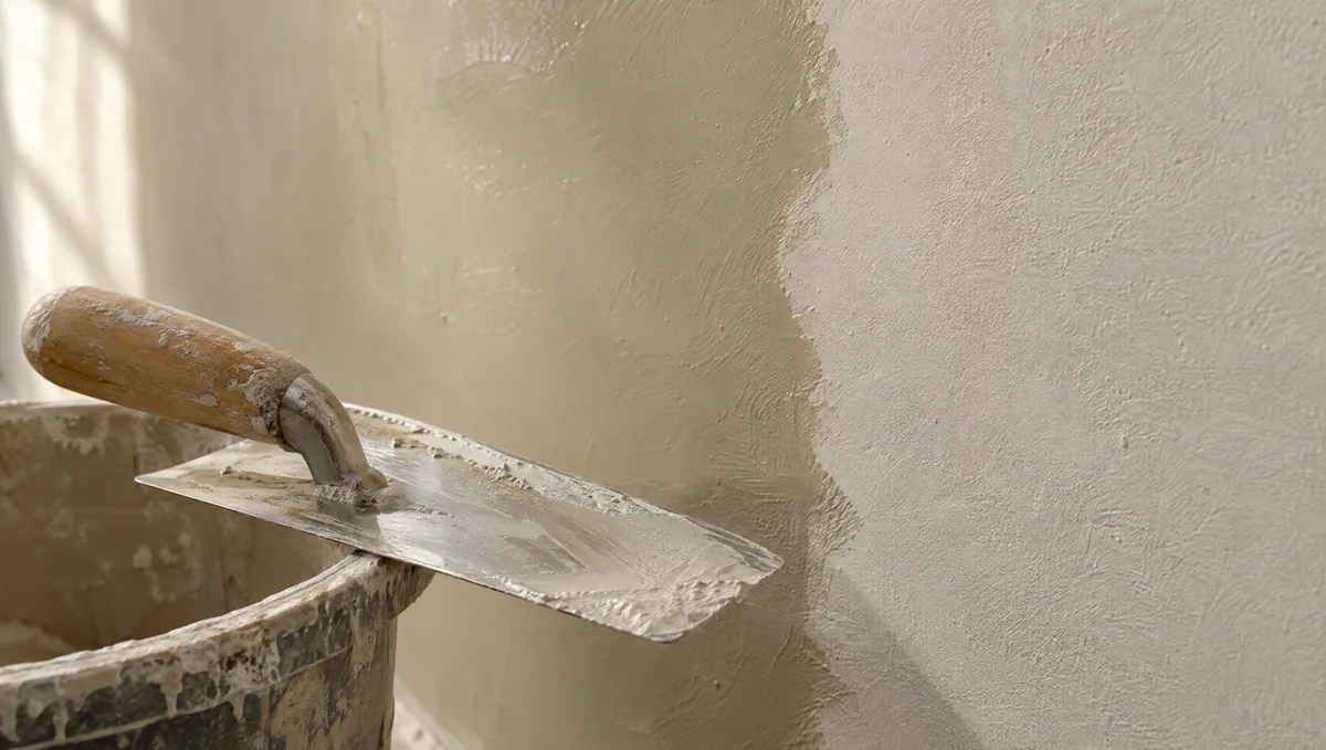 Glättkelle auf einem Eimer vor einer frisch verputzten Wand