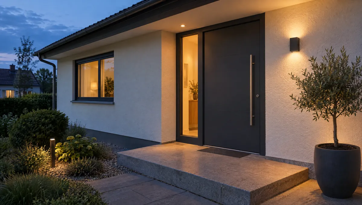 Neue anthrazitfarbene Haustür an einem sanierten Haus in der Dämmerung