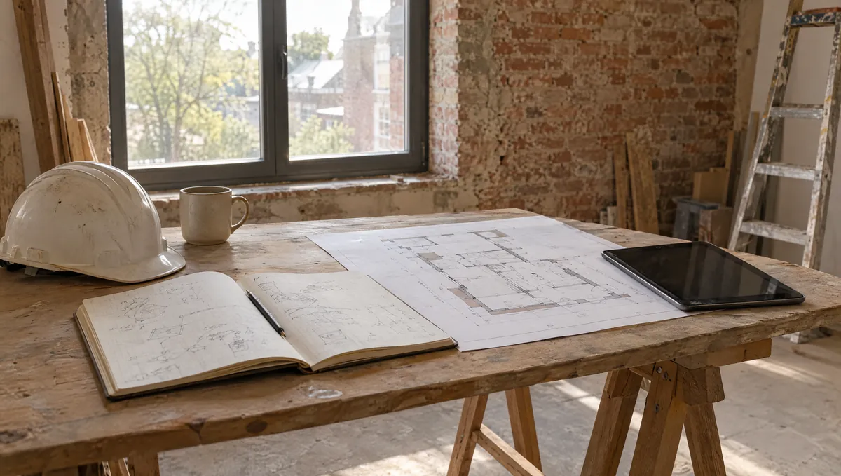 Baustellentisch mit Grundriss, Notizbuch und Schutzhelm vor einer Backsteinwand