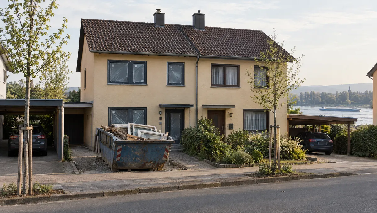 Doppelhaus mit neu eingebauten Fenstern und Container vor dem Haus