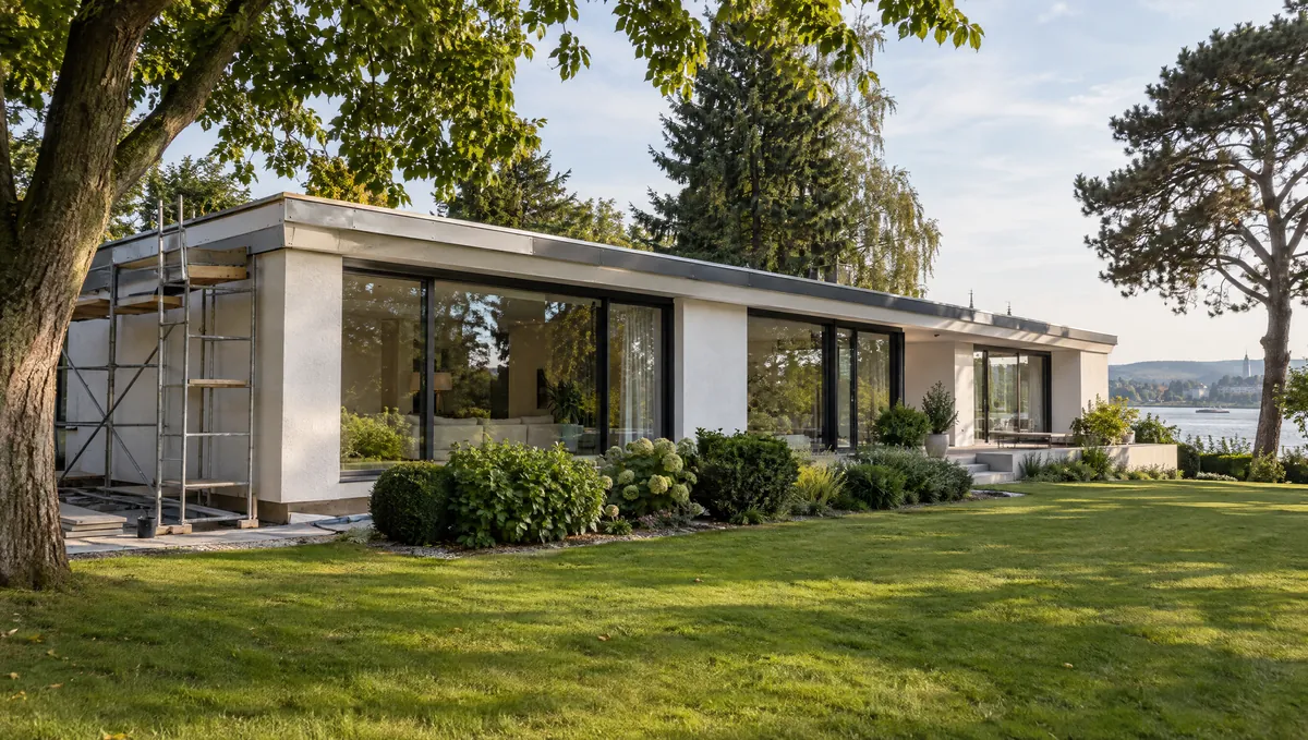 Flachdach-Bungalow aus den 60er-Jahren mit großen Fensterflächen, teils eingerüstet