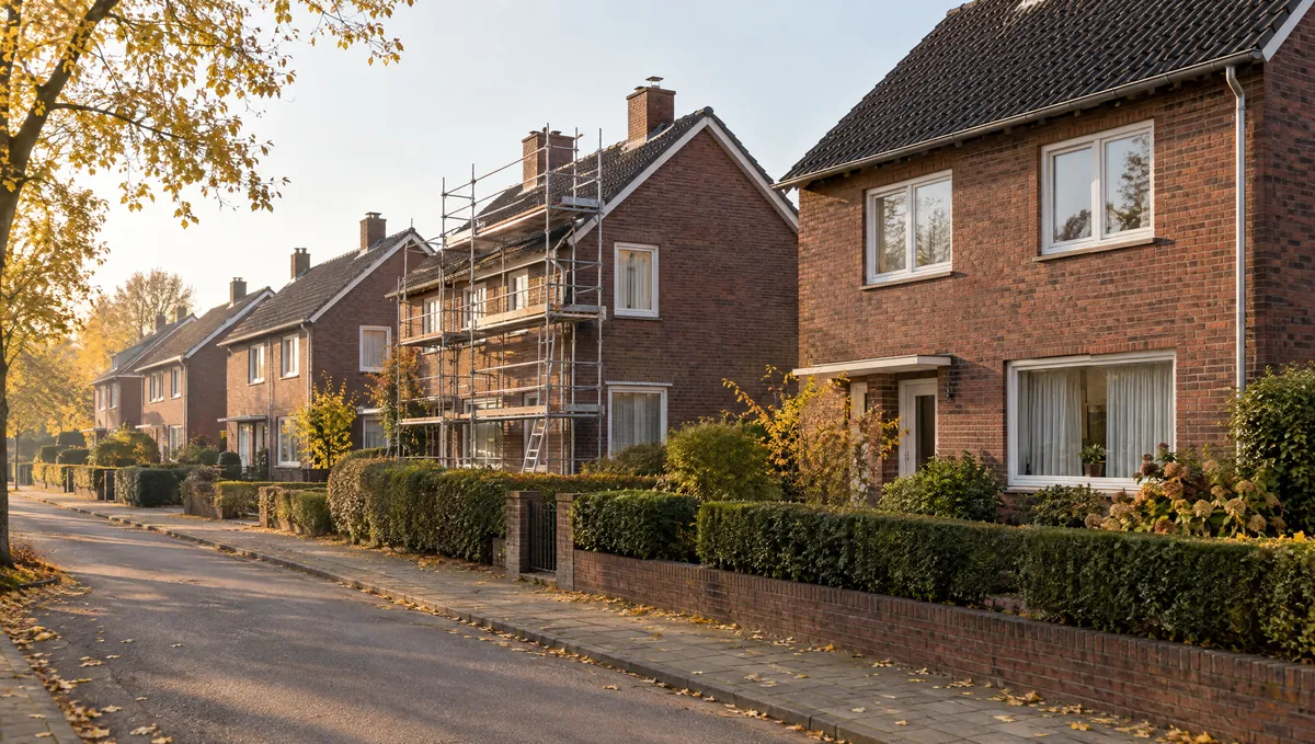 Straße mit Klinker-Einfamilienhäusern aus den 50er- und 60er-Jahren, eines eingerüstet
